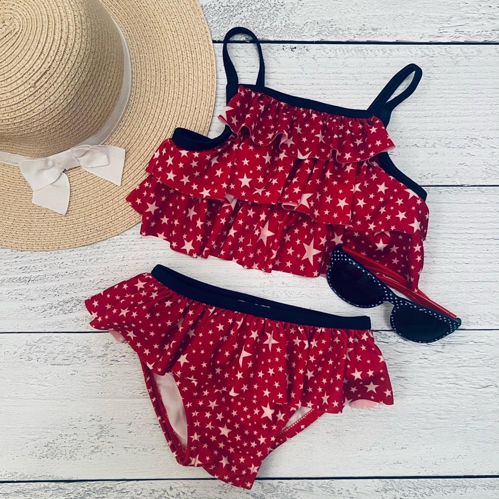 Crazy 8 Girls Red and White Stars Ruffled Swimsuit Size 18-24 Months